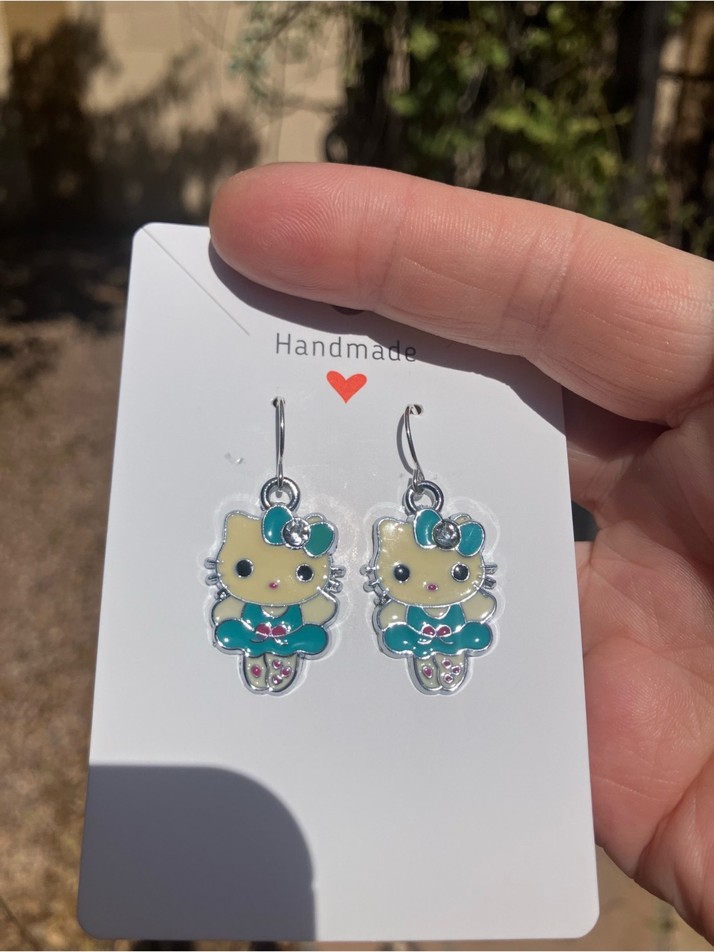 Hand Crafted Teal and Cream Kitty Dangle Earrings